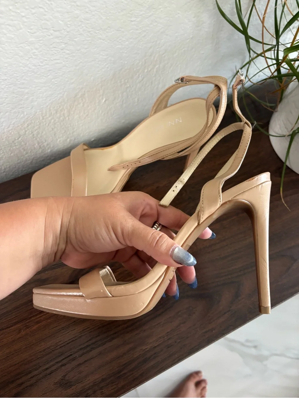 Nine West Nude Beige Ankle-Strap Square-Toe Heels